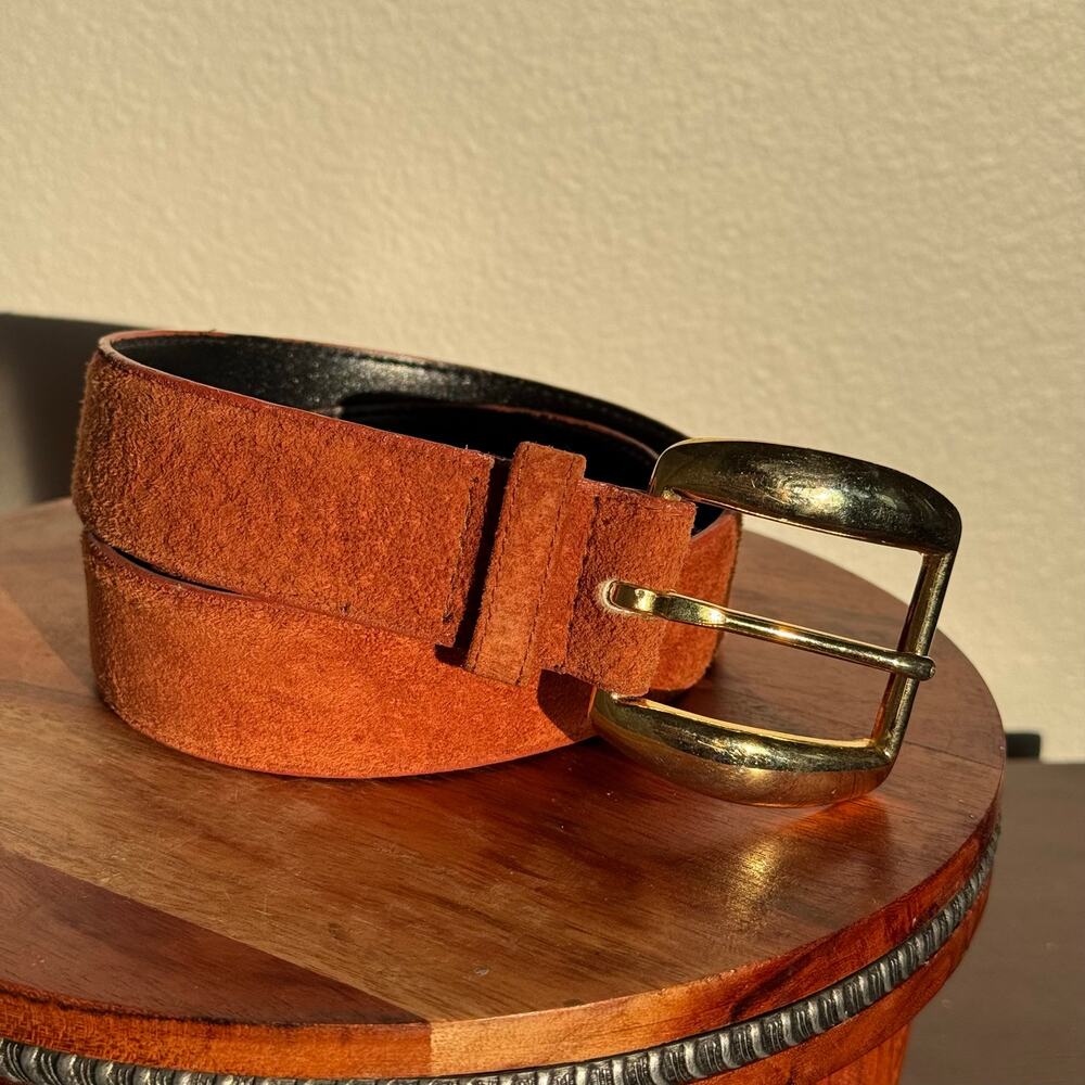 Genuine Leather Suede Belt Cognac Brown Gold Tone Buckle Size 34 Unisex Classic